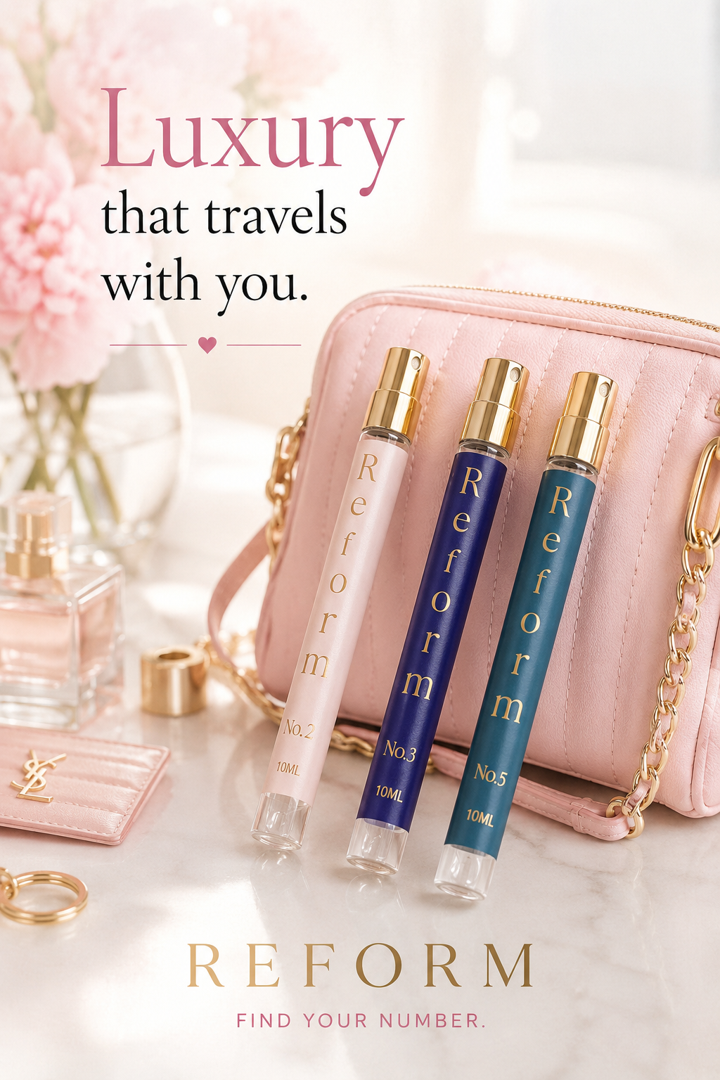 Three Reform 10ML travel perfume pens beside a pink handbag with the words “Luxury that travels with you.”