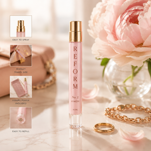 Lumiere No. 2 10ML perfume pen beside a pink flower and gold jewelry, with details of its spray top, travel pouch, and refillable base.